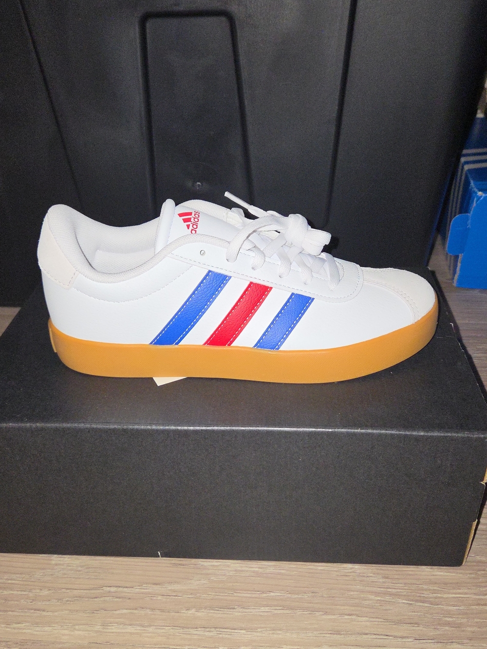 adidas White Leather Sneakers with Red & Blue Stripes and Gum Sole